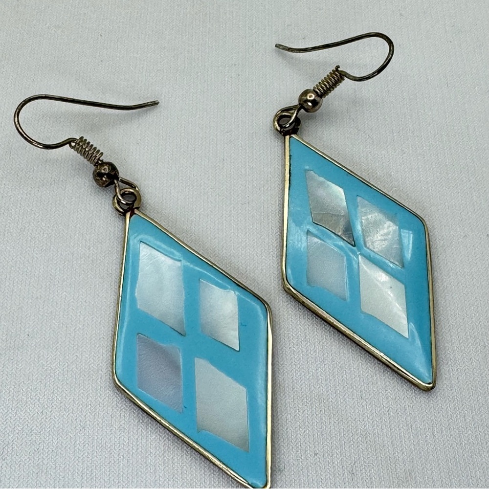 Vintage Taxco Mexico Blue Enamel Diamond Shape Dangle Earrings Never Worn